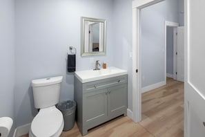 Hair dryer, towels, soap, toilet paper