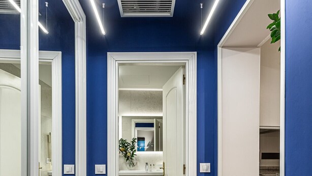 A hallway with blue walls, a wooden floor, and a white door leading to a bathroom. - Waou La Latina V - Short Term Rental (Madrid)