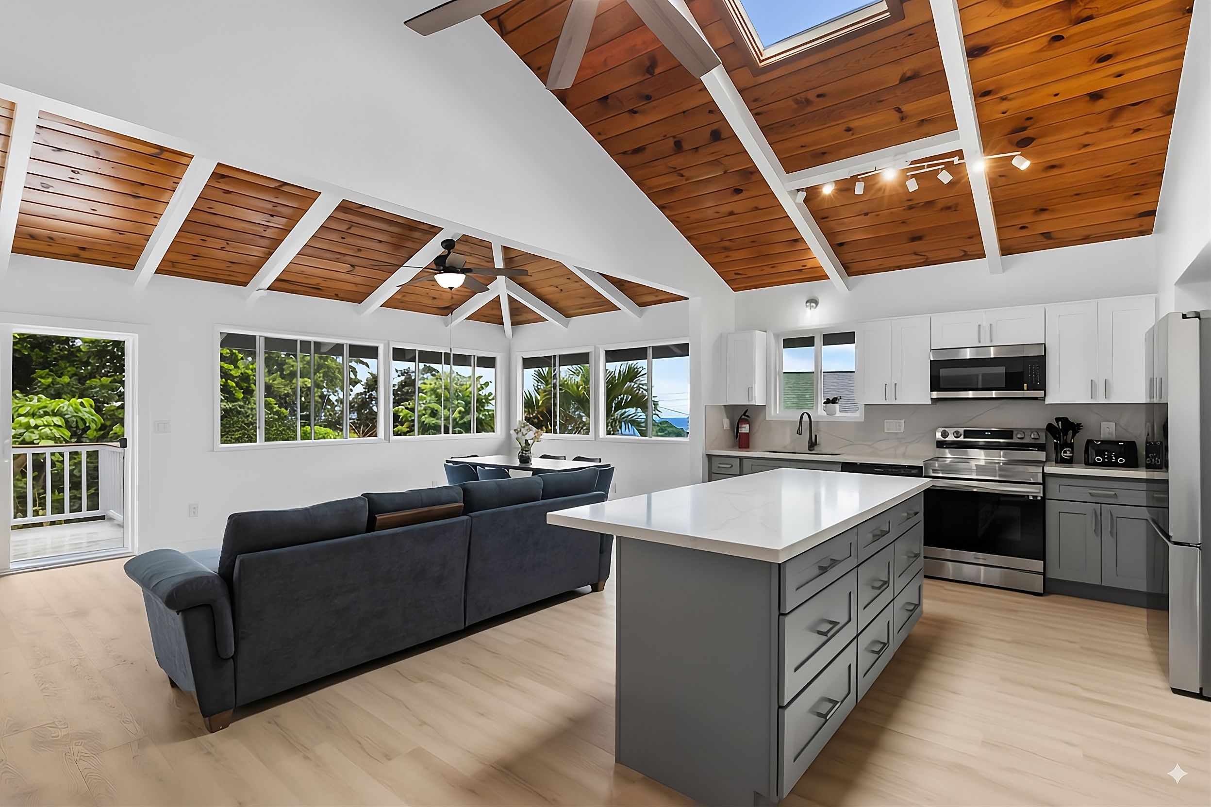 Una cocina espaciosa con una isla central, ventanas grandes y un techo de vigas de madera.