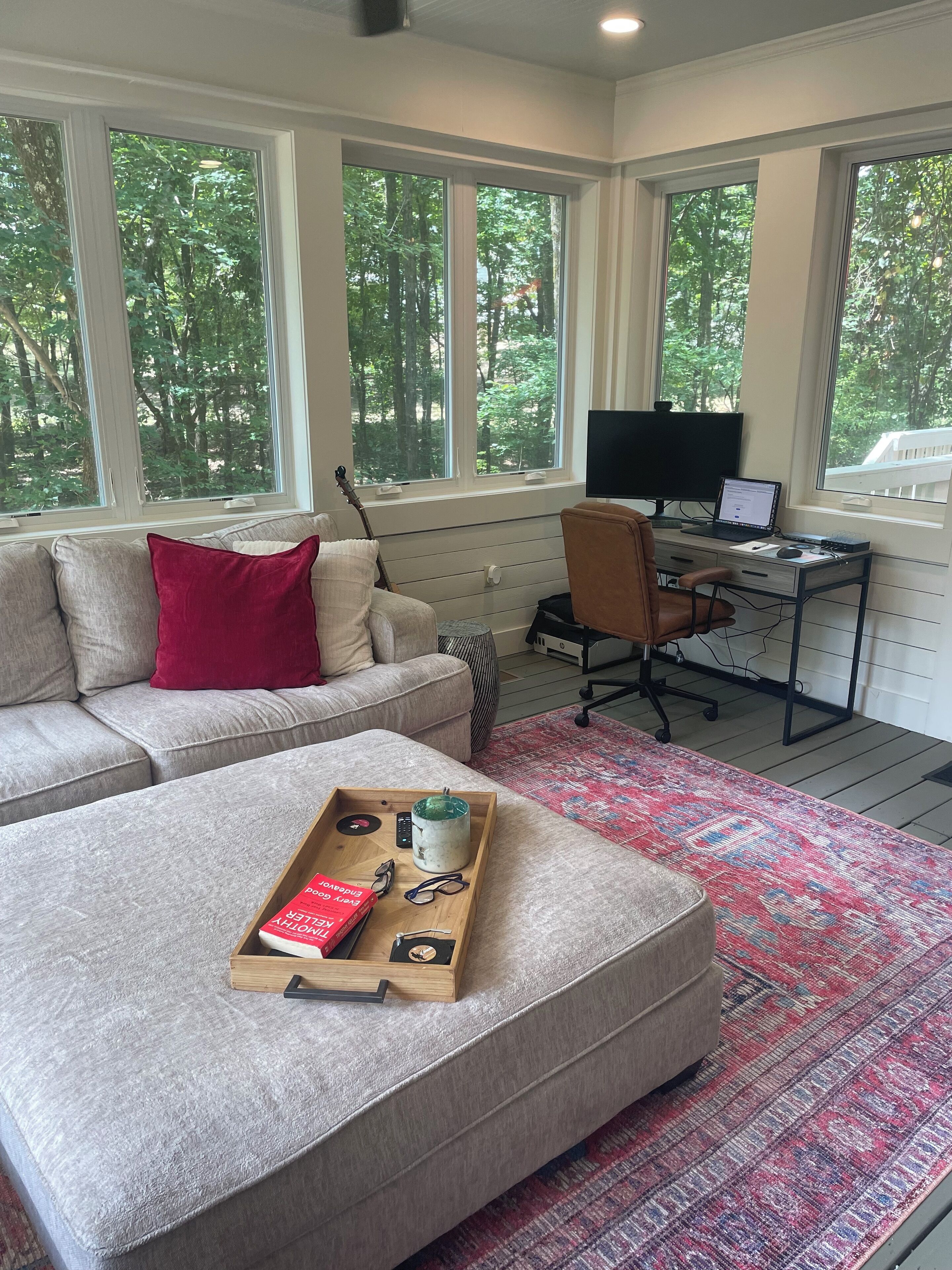 Smart TV, fireplace, books, computer monitors