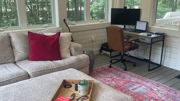 Smart TV, fireplace, books, computer monitors