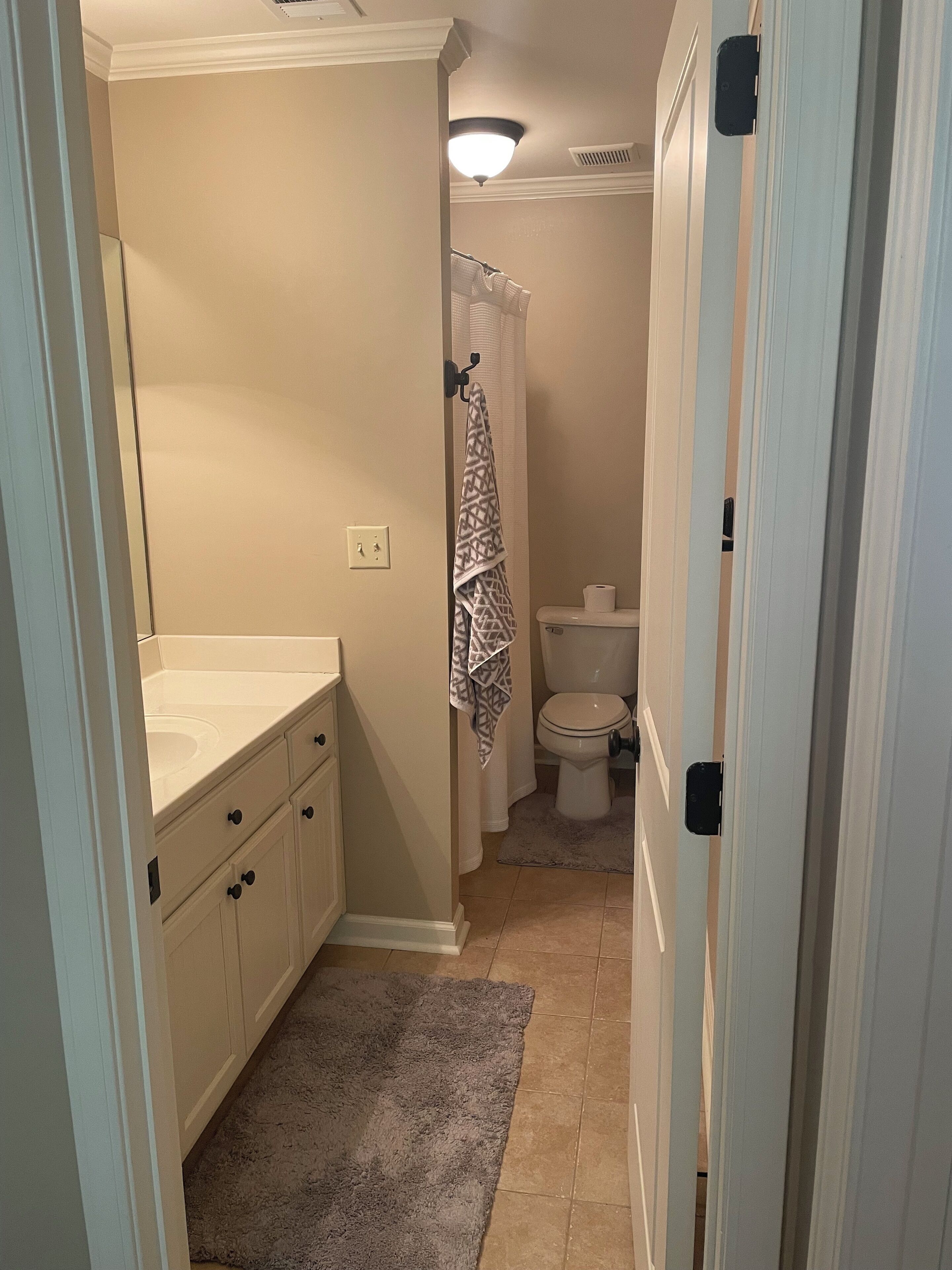 A bathroom with a toilet, a sink, and a shower curtain.