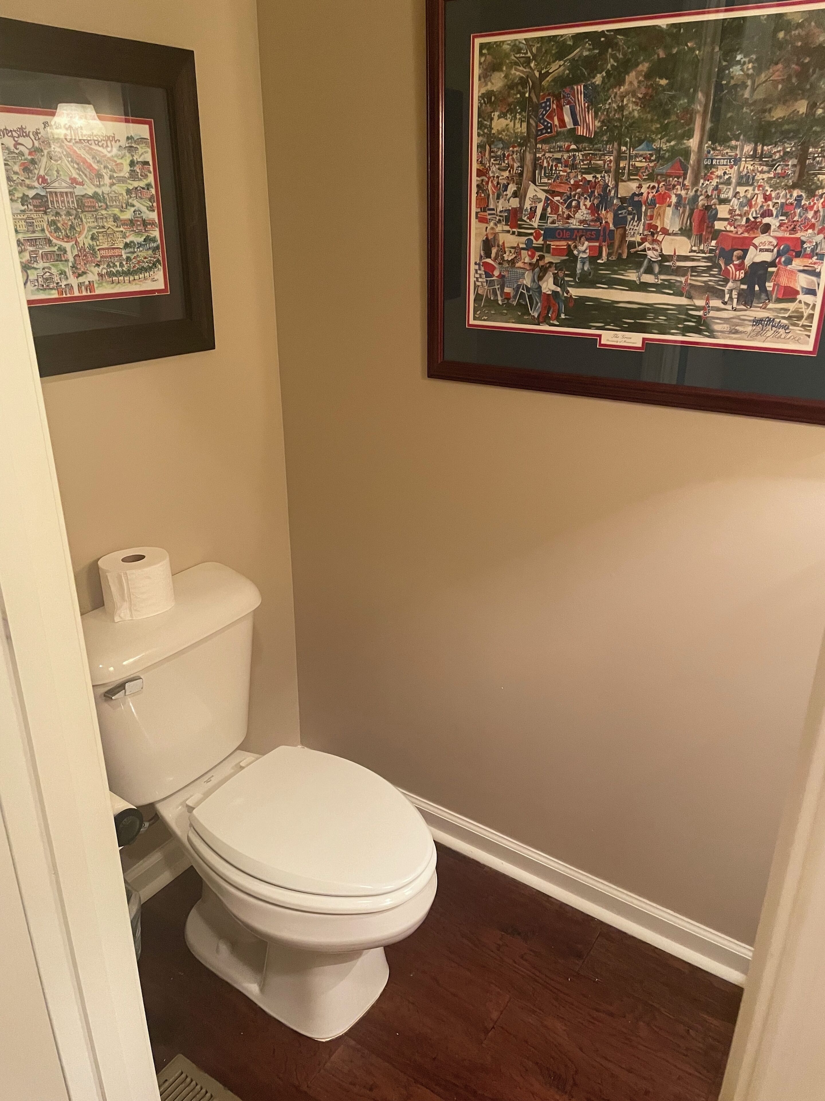 Une salle de bain avec des toilettes blanches, un tableau encadré au-dessus, et un autre tableau encadré au-dessus des toilettes.