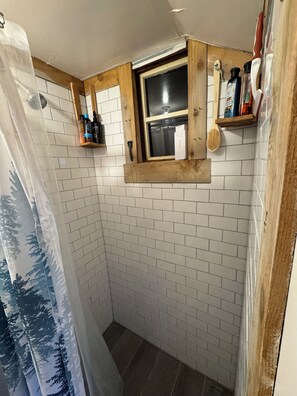 Shower, towels, soap, toilet paper
