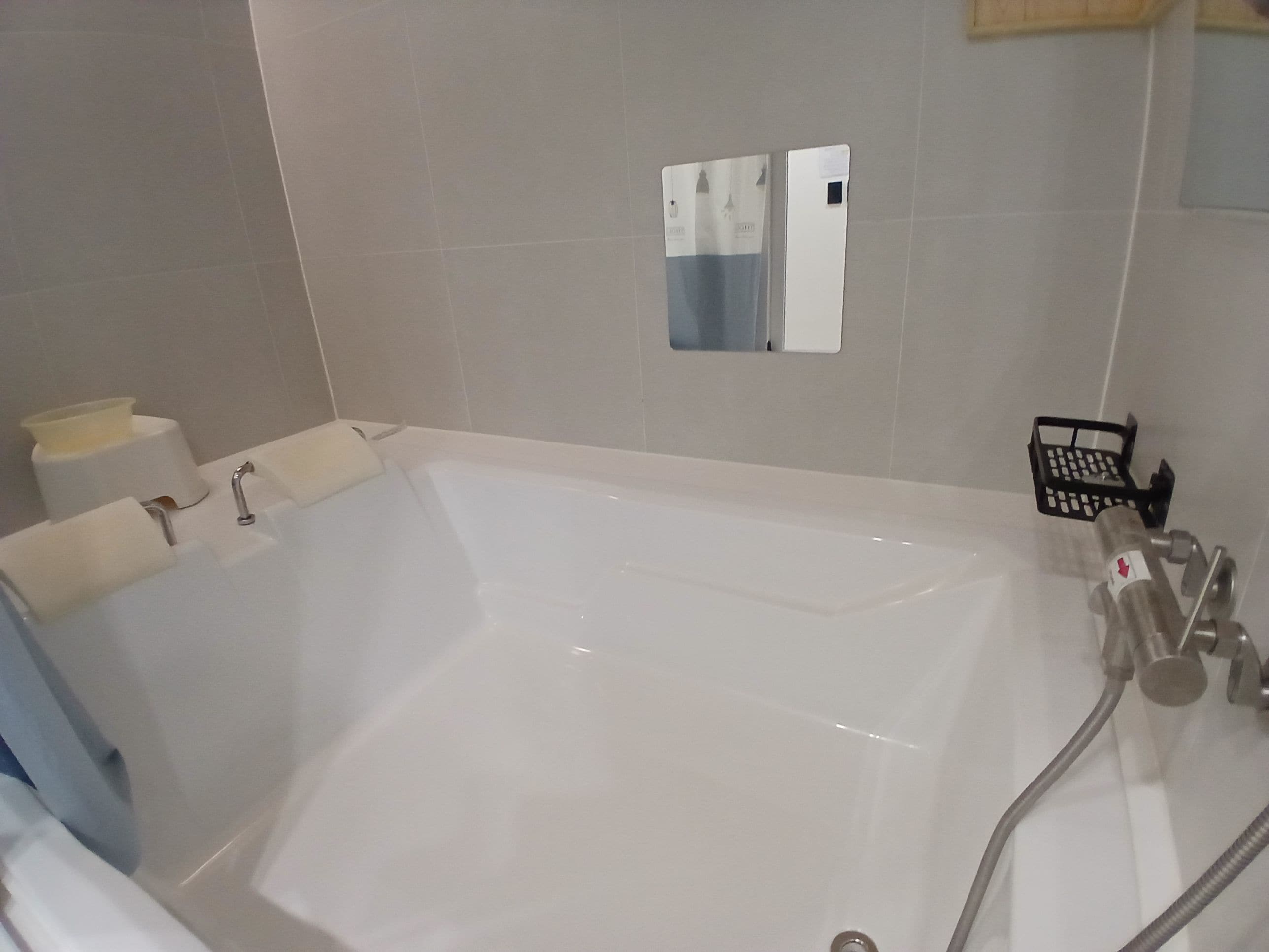 A modern bathroom with a large bathtub, a handheld showerhead, and a towel rack.