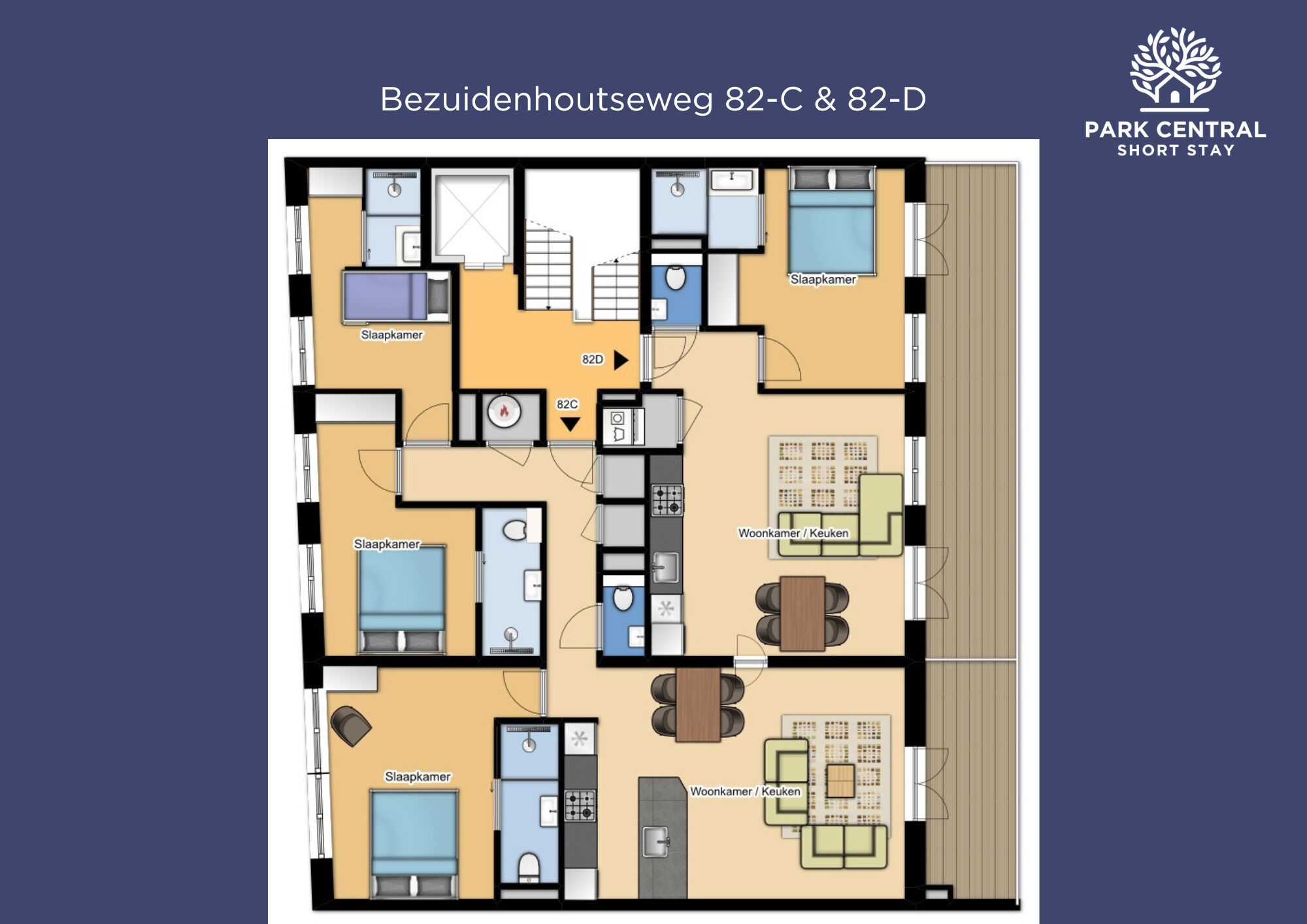 Een plattegrond van een appartementenhotel voor korte verblijven met twee slaapkamers, een keuken, een woonruimte en een badkamer.