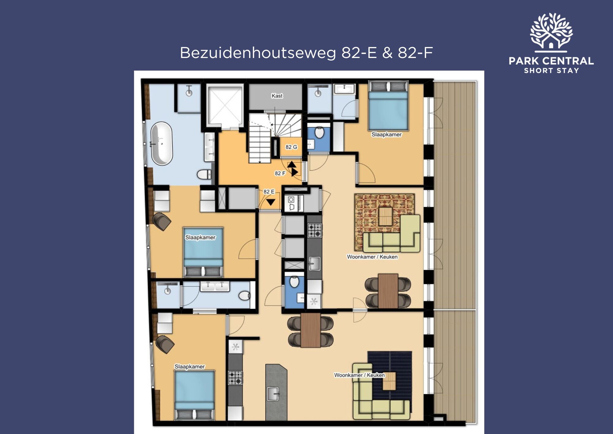 Un hôtel proposant des chambres avec deux chambres à coucher, une cuisine, un espace de vie et une salle de bain.
