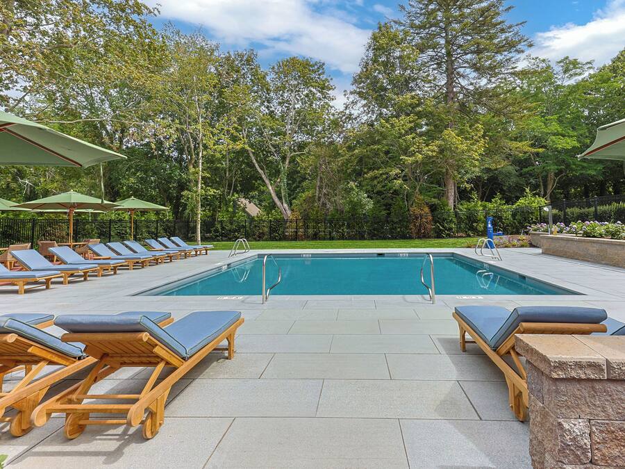 Seasonal outdoor pool, pool umbrellas, pool loungers