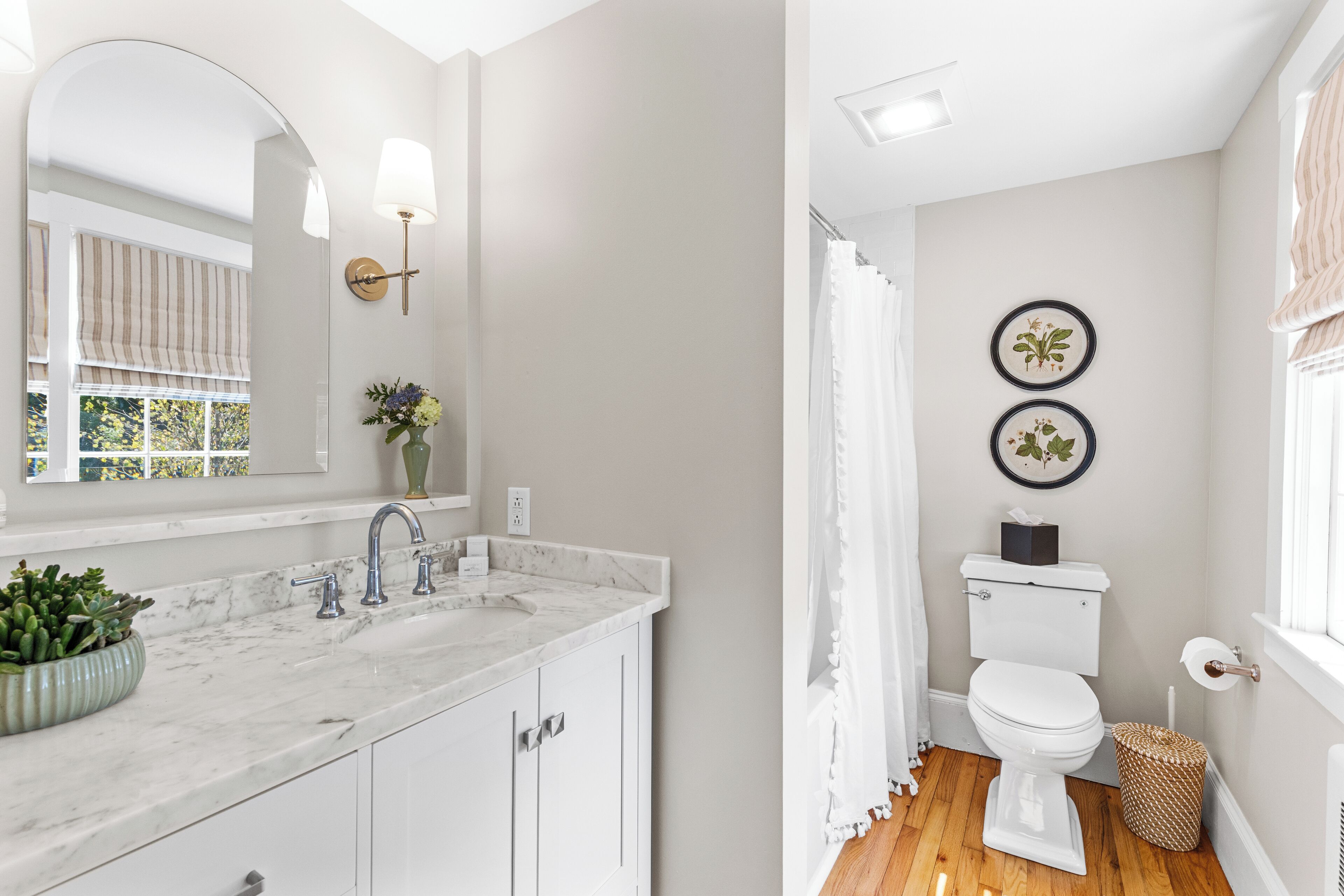 A bathroom with a marble sink, white cabinets, a toilet, and two framed plants on the wall.
