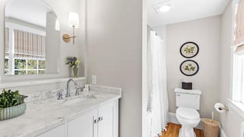 A bathroom with a marble sink, white cabinets, a toilet, and two framed plants on the wall.