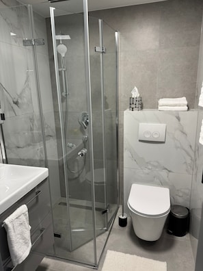 Shower, hair dryer, towels, soap