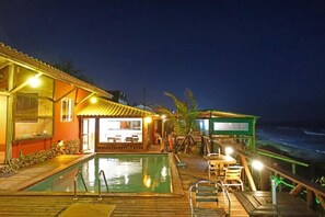 Outdoor pool, pool umbrellas, pool loungers