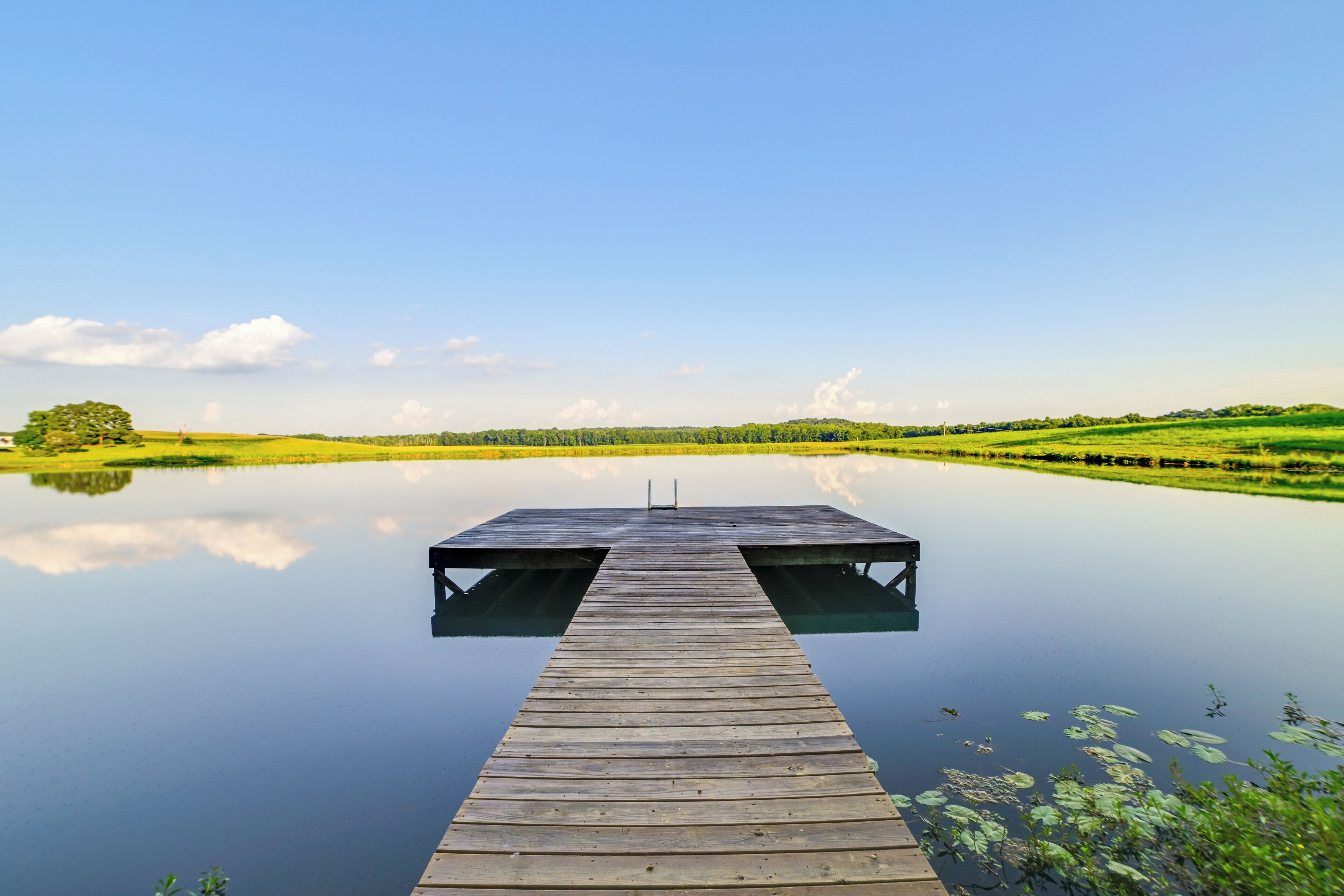 A wooden pier extending into calm water, surrounded by green fields and a clear sky.