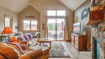 TV, fireplace, books, video library