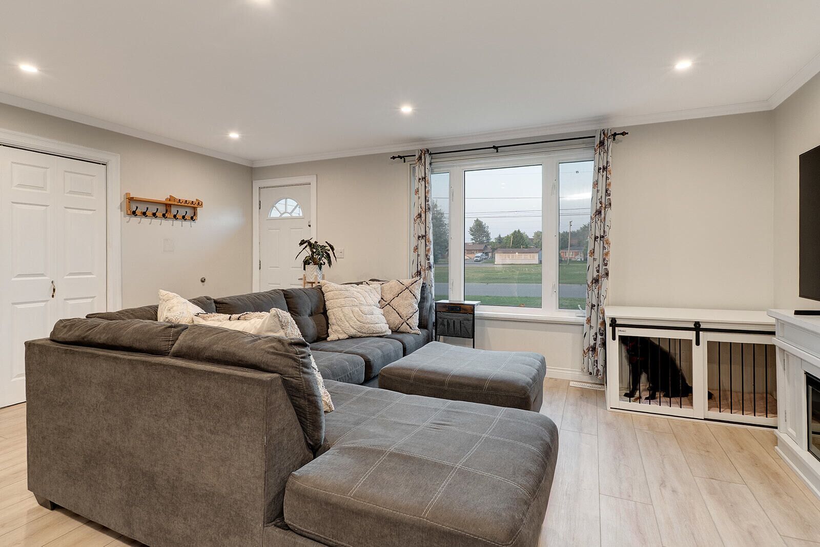 Smart TV, fireplace, books, computer monitors