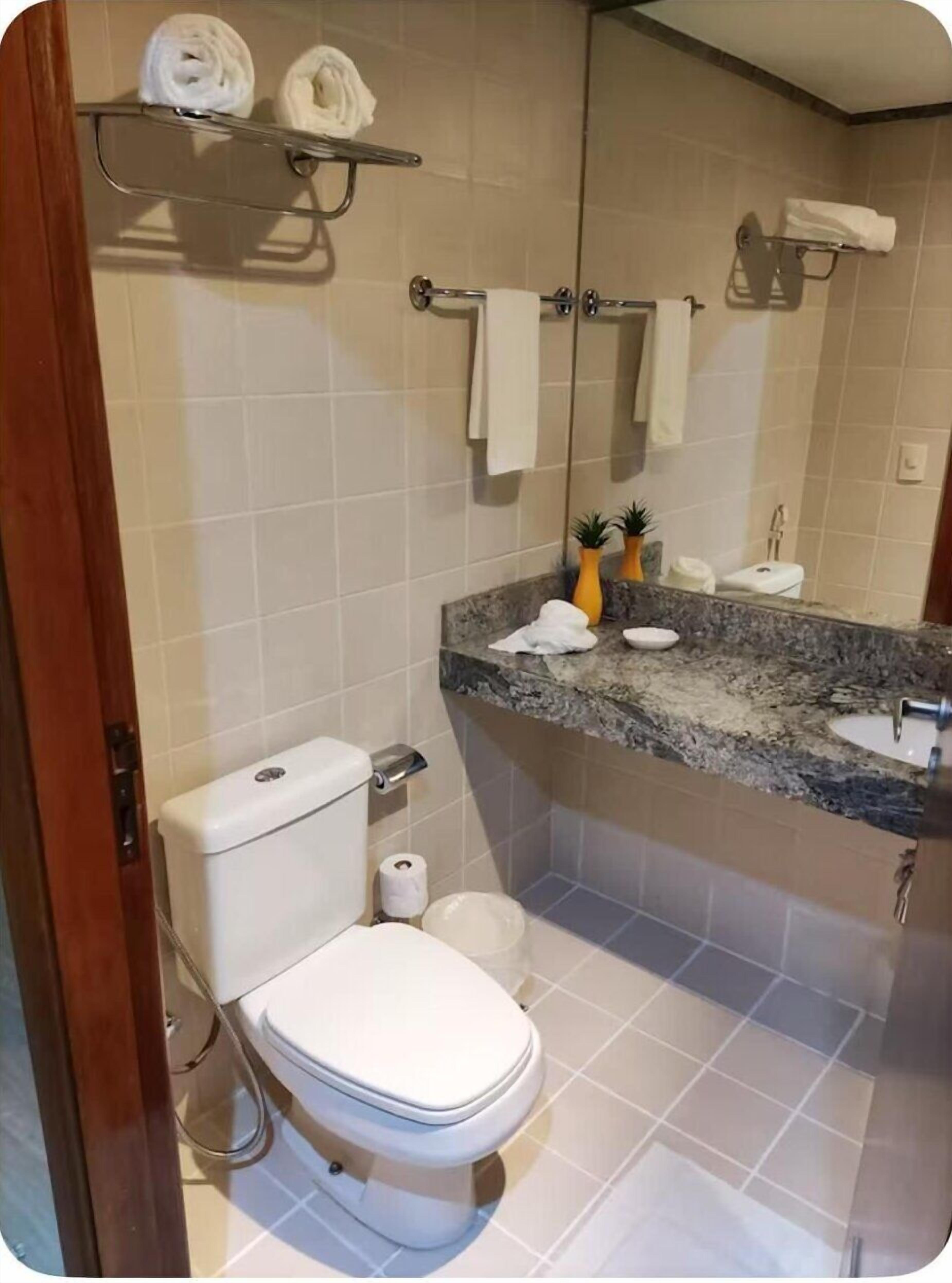 A bathroom with a toilet, sink, and mirror. There are towels on a shelf and a toilet paper holder.