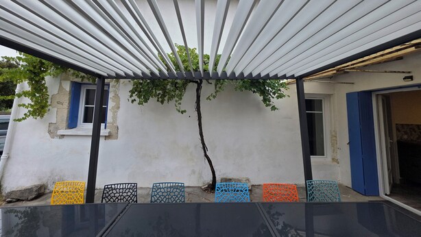 Un espace extérieur abrité, doté d’une pergola, d’un arbre et d’une rangée de chaises colorées.