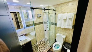 Un baño moderno con ducha de vidrio, inodoro blanco y lavamanos con espejo.