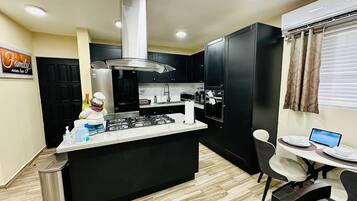 Fridge, microwave, oven, stovetop