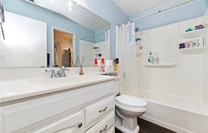 Hair dryer, towels, toilet paper