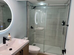 Douche, séchoir à cheveux, serviettes fournies, savon