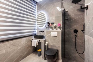 Shower, hair dryer, towels