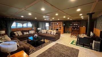 Smart TV, fireplace, foosball