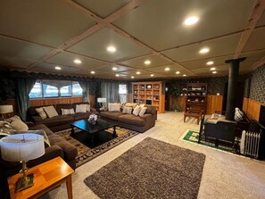 Smart TV, fireplace, foosball