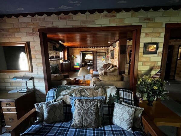 Smart TV, fireplace, foosball