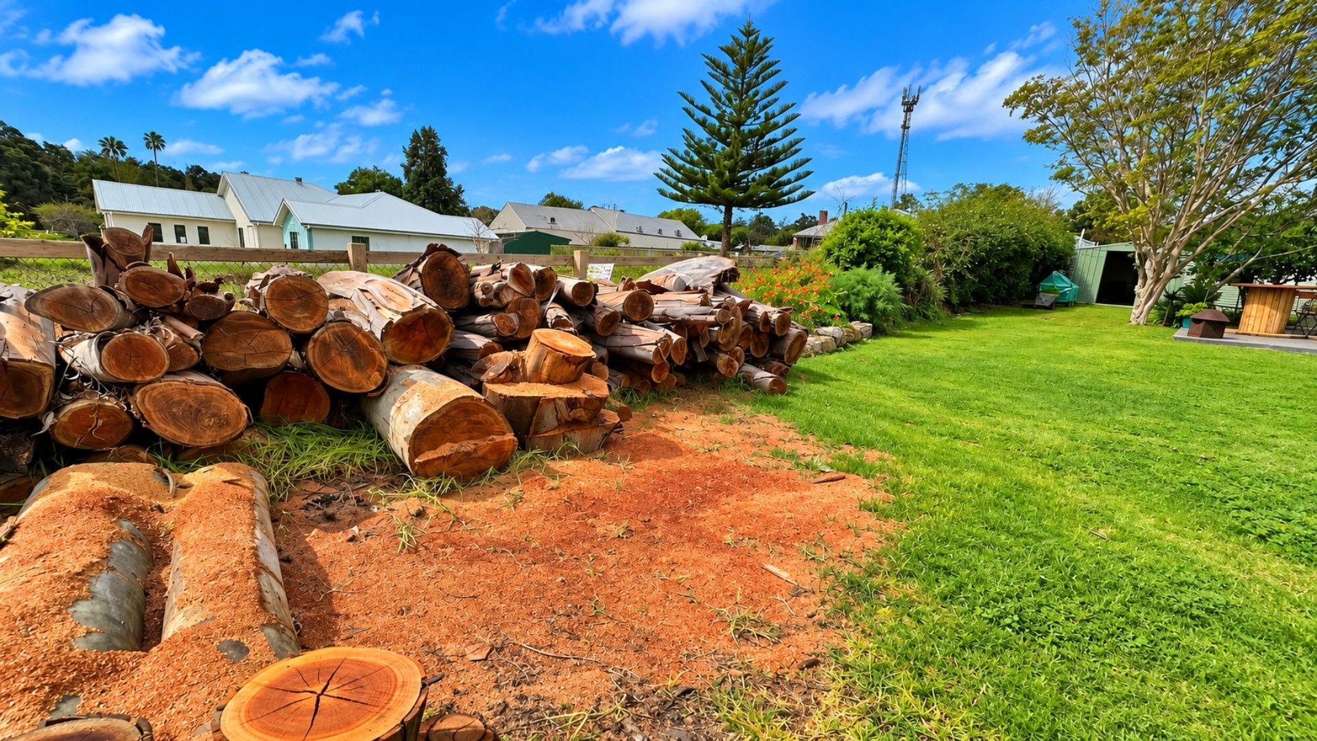 A collection of logs, a grassy yard, and a building with a metal roof.