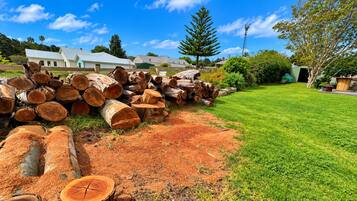 A collection of logs, a grassy yard, and a building with a metal roof.