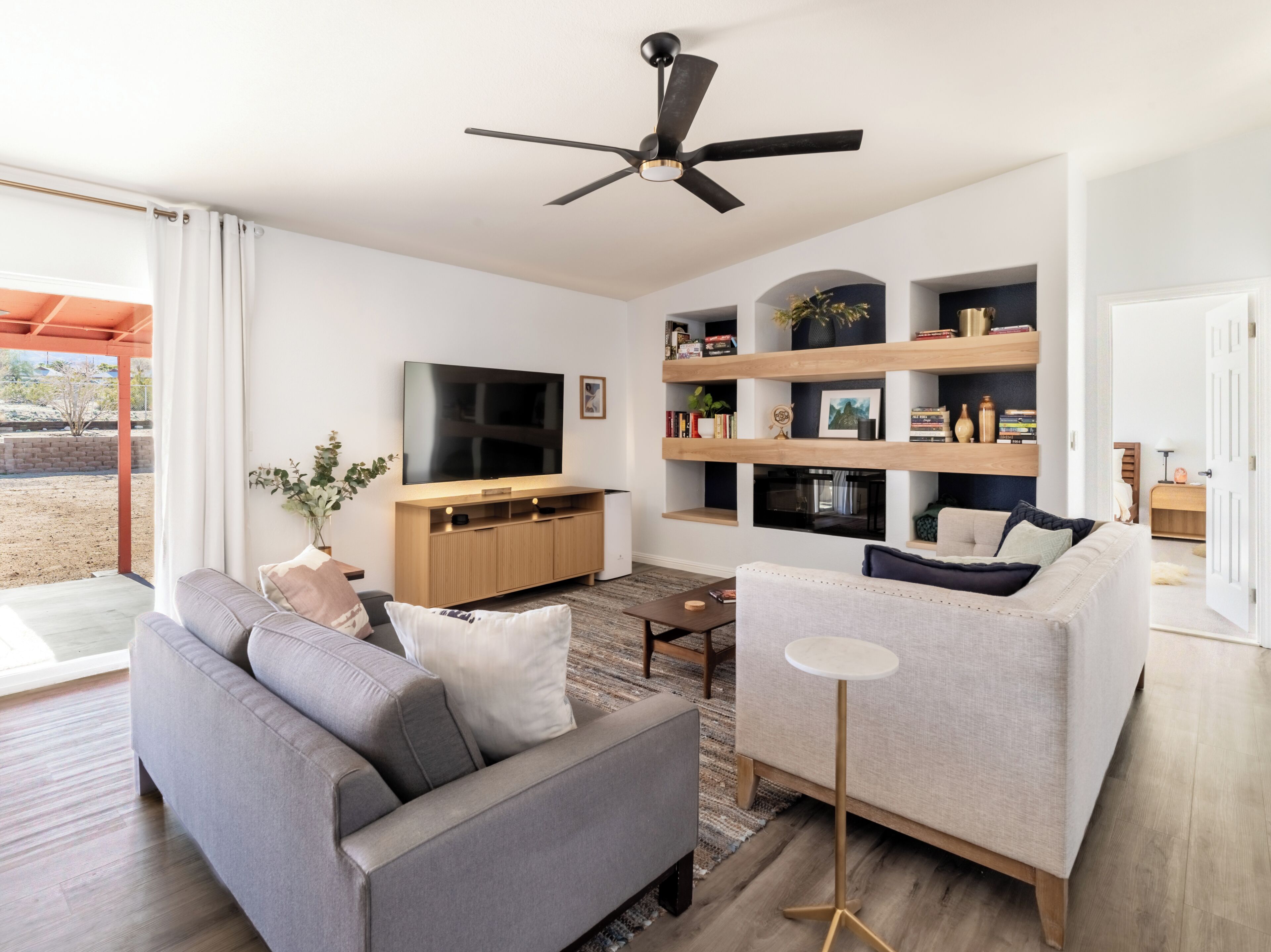 Smart TV, fireplace, books