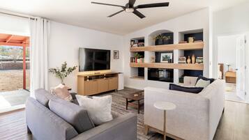 Smart TV, fireplace, books