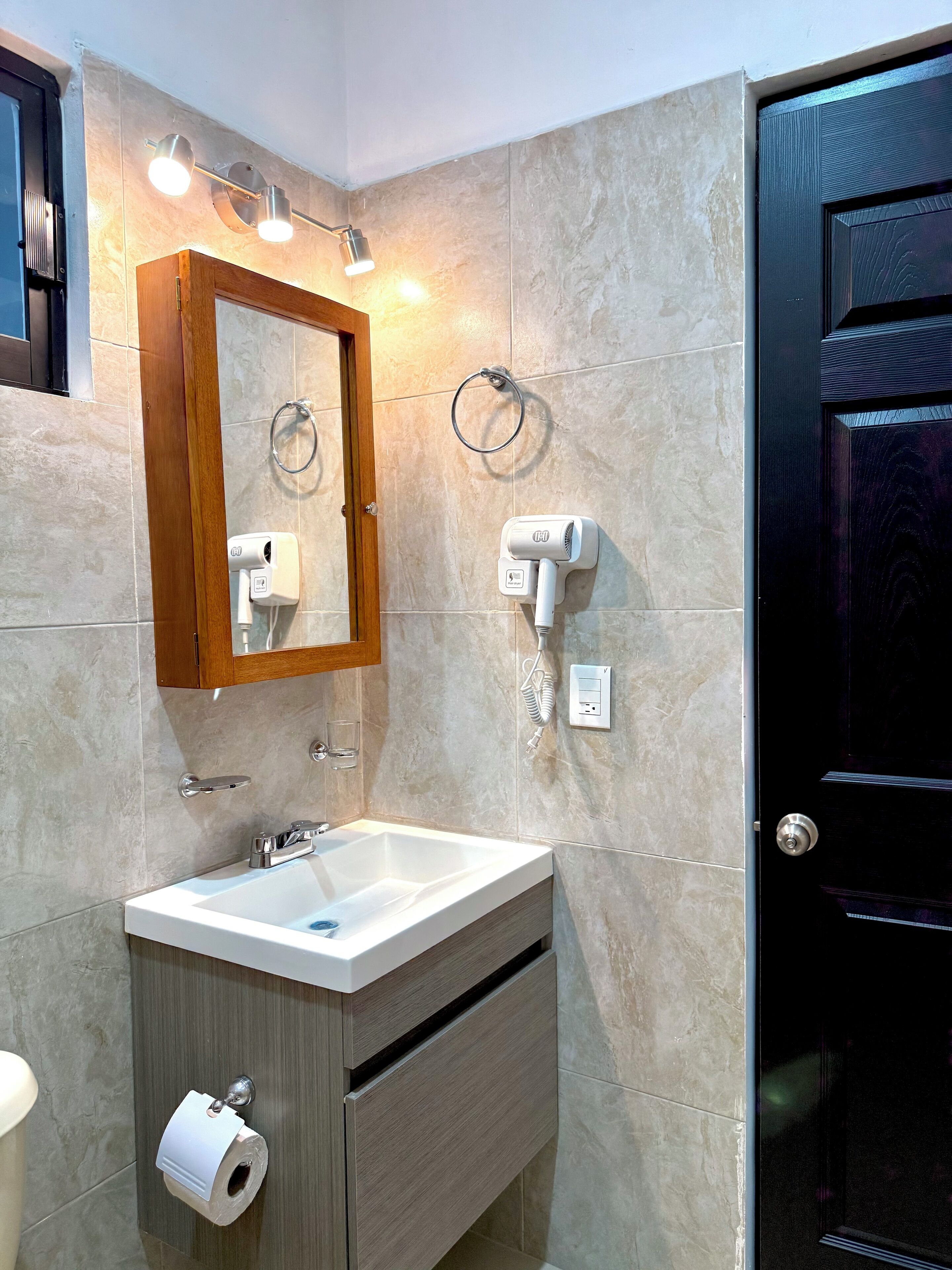 A bathroom with a sink, mirror, towel ring, hairdryer, and toilet paper holder.