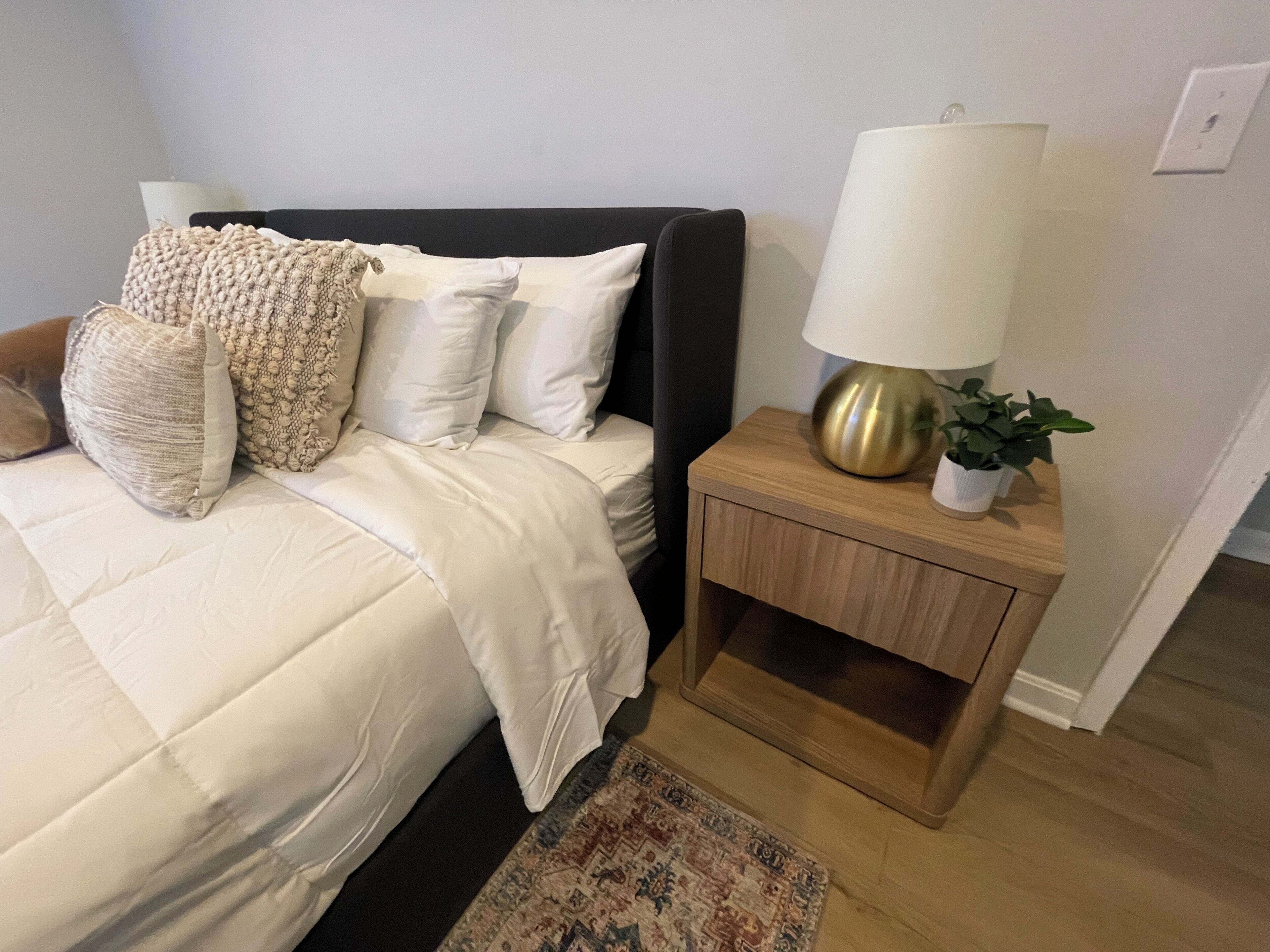 A neatly made bed with a white comforter and multiple pillows, a bedside table with a lamp and a plant, and a patterned rug on the floor.