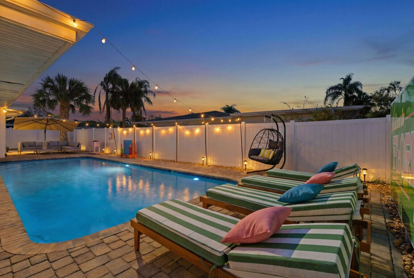 A swimming pool with lounge chairs and string lights.