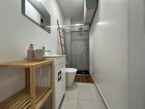Shower, hair dryer, towels