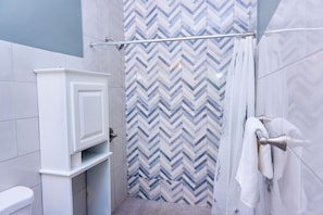 Hair dryer, towels, soap, toilet paper