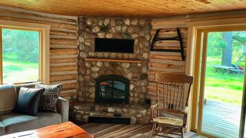 Smart TV, fireplace, DVD player, books