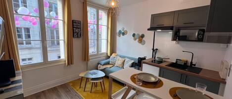 Microwave, stovetop, coffee/tea maker, electric kettle