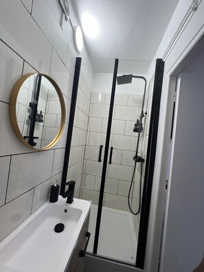 Hair dryer, towels, soap, toilet paper
