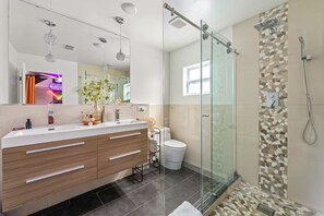Hair dryer, towels, soap, shampoo