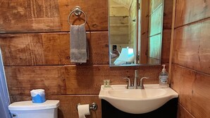 A bathroom with a toilet, sink, and mirror. - Cabin #3 The Sky Retreat - Off the Blue Ridge Parkway (Purlear)