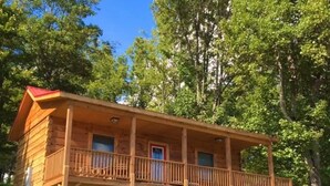 A wooden cabin with a balcony, surrounded by trees. - Cabin #4 The Sky Retreat - Off the Blue Ridge Parkway (Purlear)