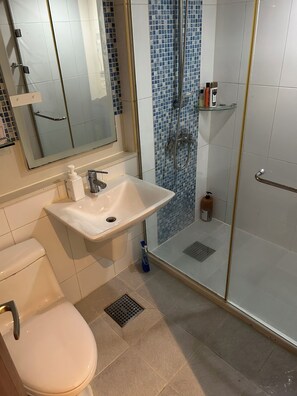 Secadora de cabello, toallas, jabón, papel de baño 