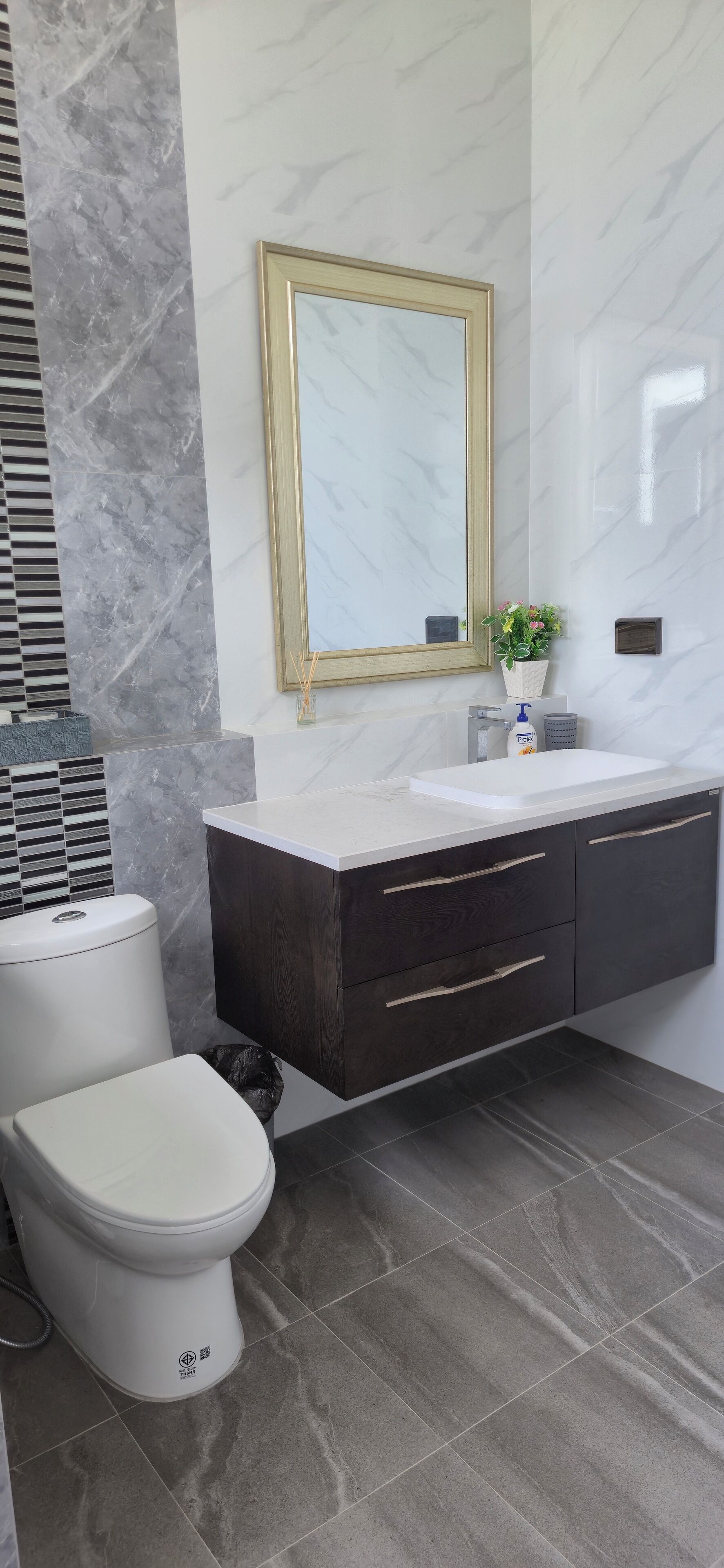 A modern bathroom with a marble wall, a white toilet, a dark wooden vanity with drawers, a gold-framed mirror, and a small potted plant.
