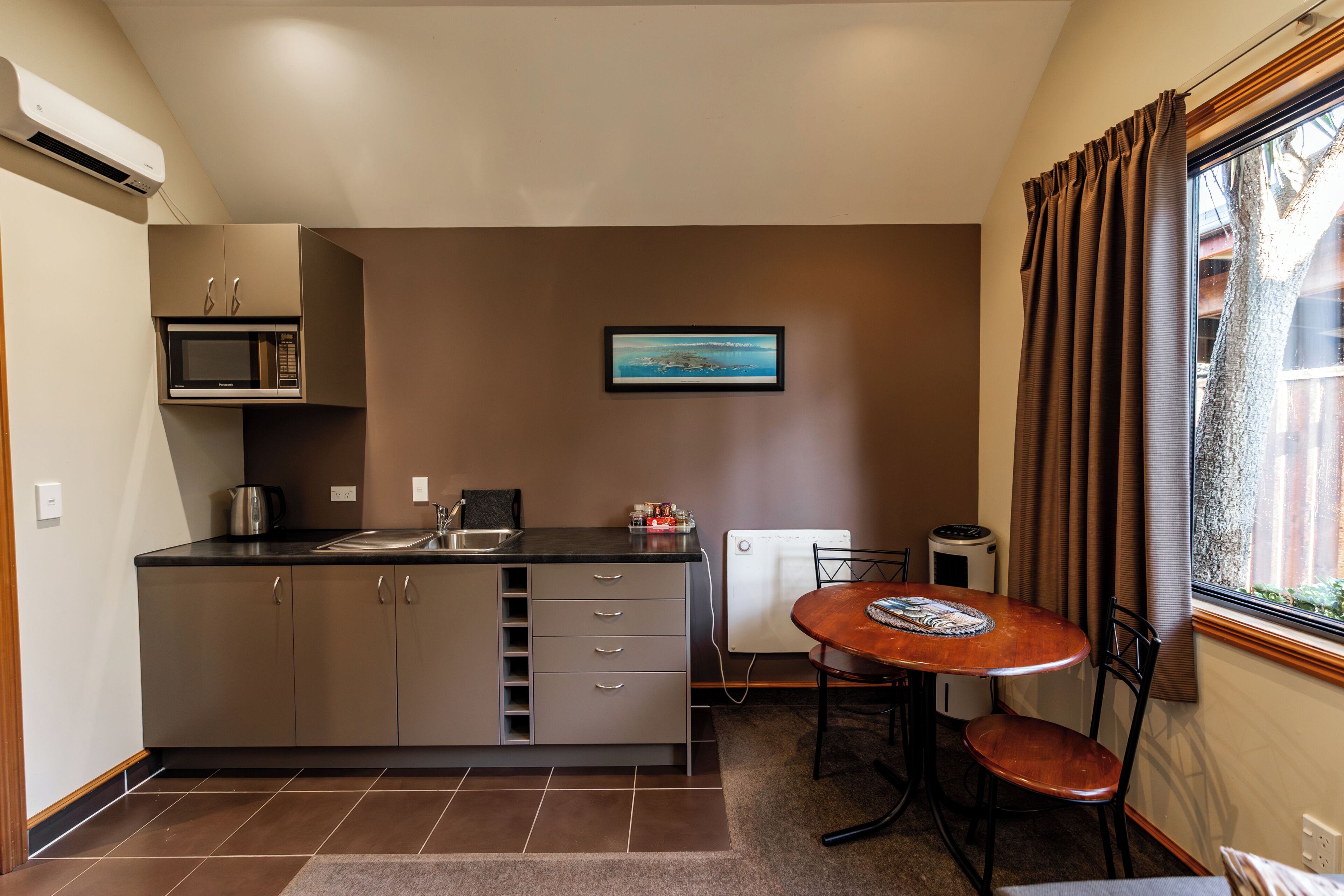 Fridge, microwave, electric kettle, toaster
