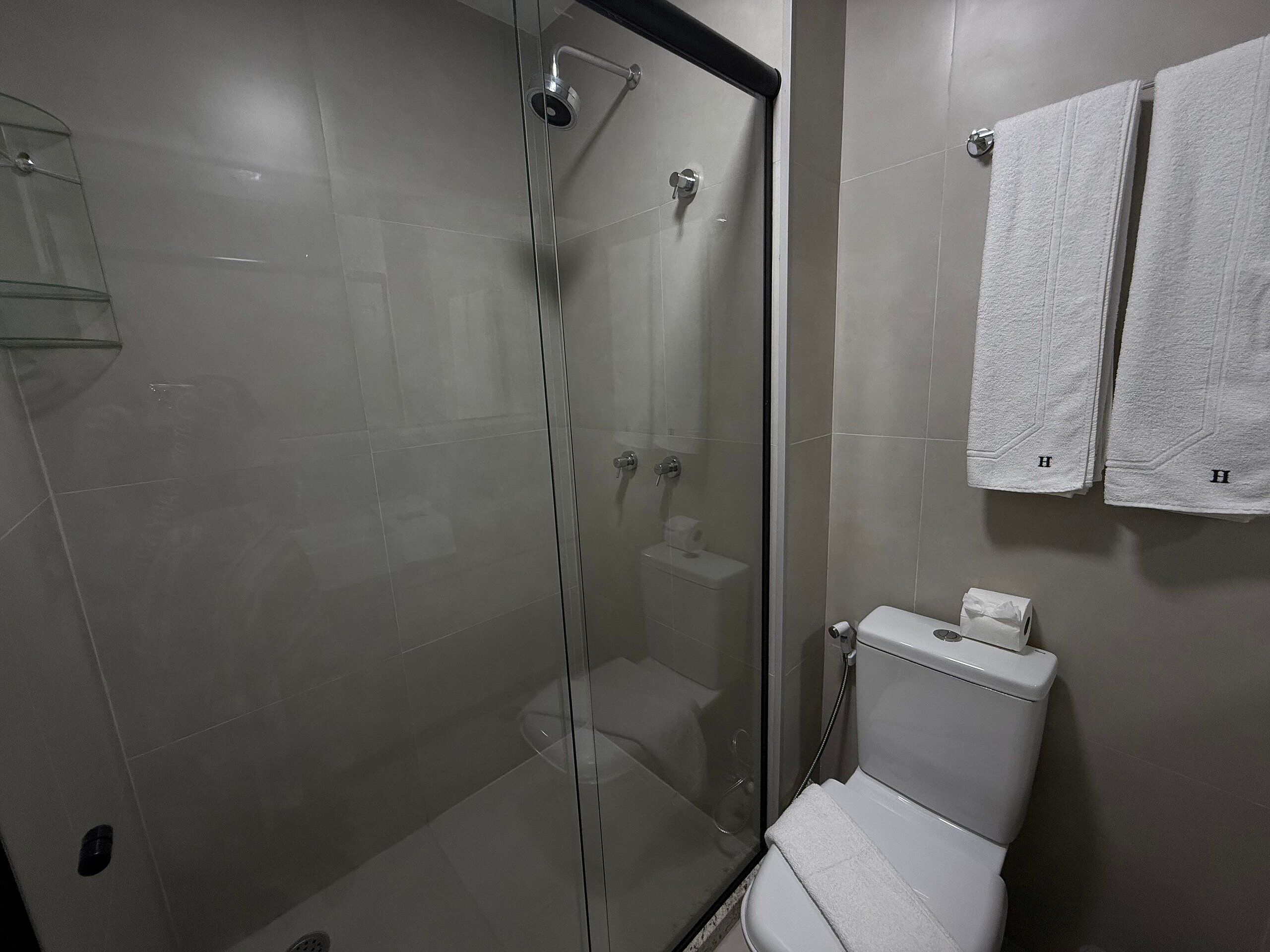 A bathroom with a glass-enclosed shower, a toilet, and two towels hanging on the wall.