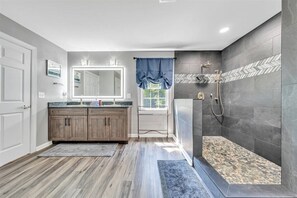 Shower, hair dryer, towels