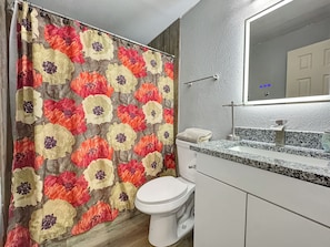 Hair dryer, towels, soap, toilet paper